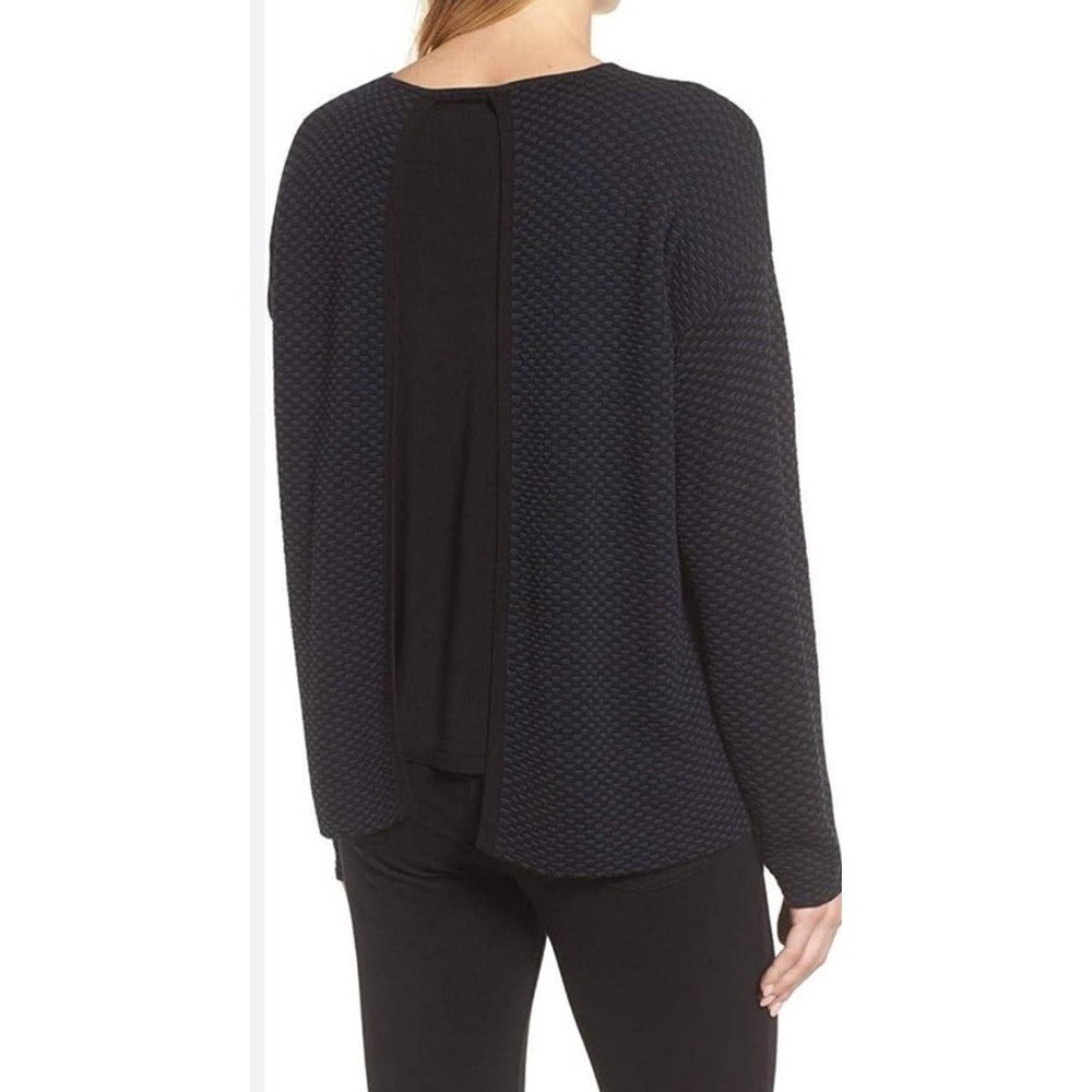Eileen Fisher Midnight Sleek Tencel Round Neck Split Back‎ Sweater Top Sz Small